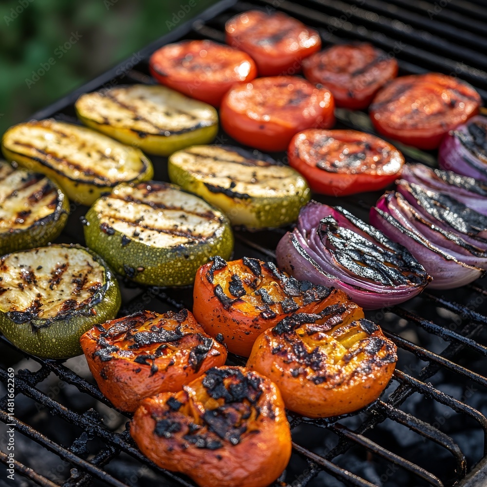 Grilled Fresh Seasonal Vegetables on Barbecue Grill in Natural Setting Grilled Fresh Seasonal Vegetables on Barbecue Grill in Natural Setting