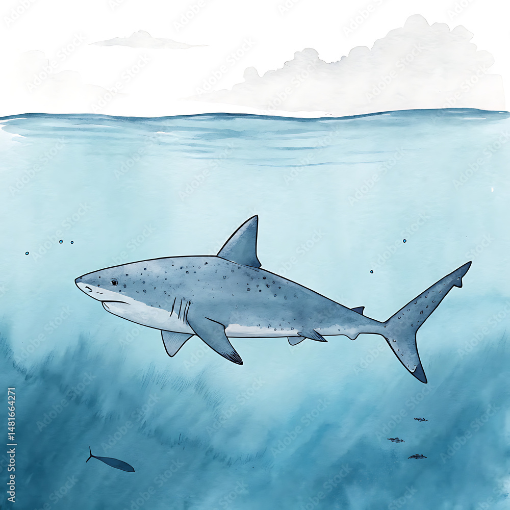 Fototapeta premium Ocean Clipart Watercolor Shark Illustration, Underwater Scene