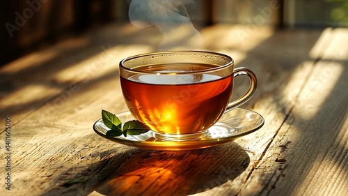 Warm tea in glass cup on wooden table