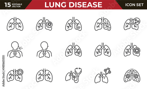 lung disease line icon set, such as copd, cough, bronchitis, spirometry and more. Editable stroke.