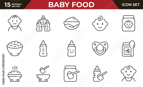 Baby food icon set, such as bottle, jar, powder, cereal and more. Editable stroke. vector illustration