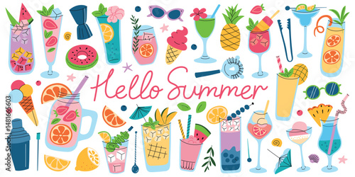 Cartoon set of summer drinks, fruity cocktails, smoothies, ice cream and tropical fruits with hello summer lettering. Flat vector illustration for seasonal cards, posters, food and vacation collection