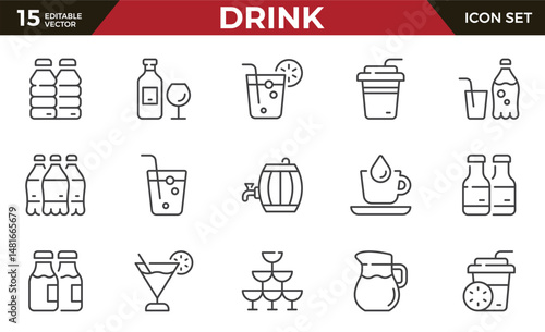 Drink line icons set. Alcoholic drinks. Lemonade, cocktail, wine, cold and hot, carbonated drinks. Outline icon collection.