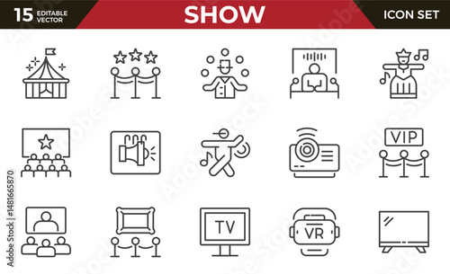 Show line icons set. Entertainment, leisure, performance. Concert, cinema, circus, exhibition, theater, philharmonic, opera.Outline icon collection. Conceptual pictogram