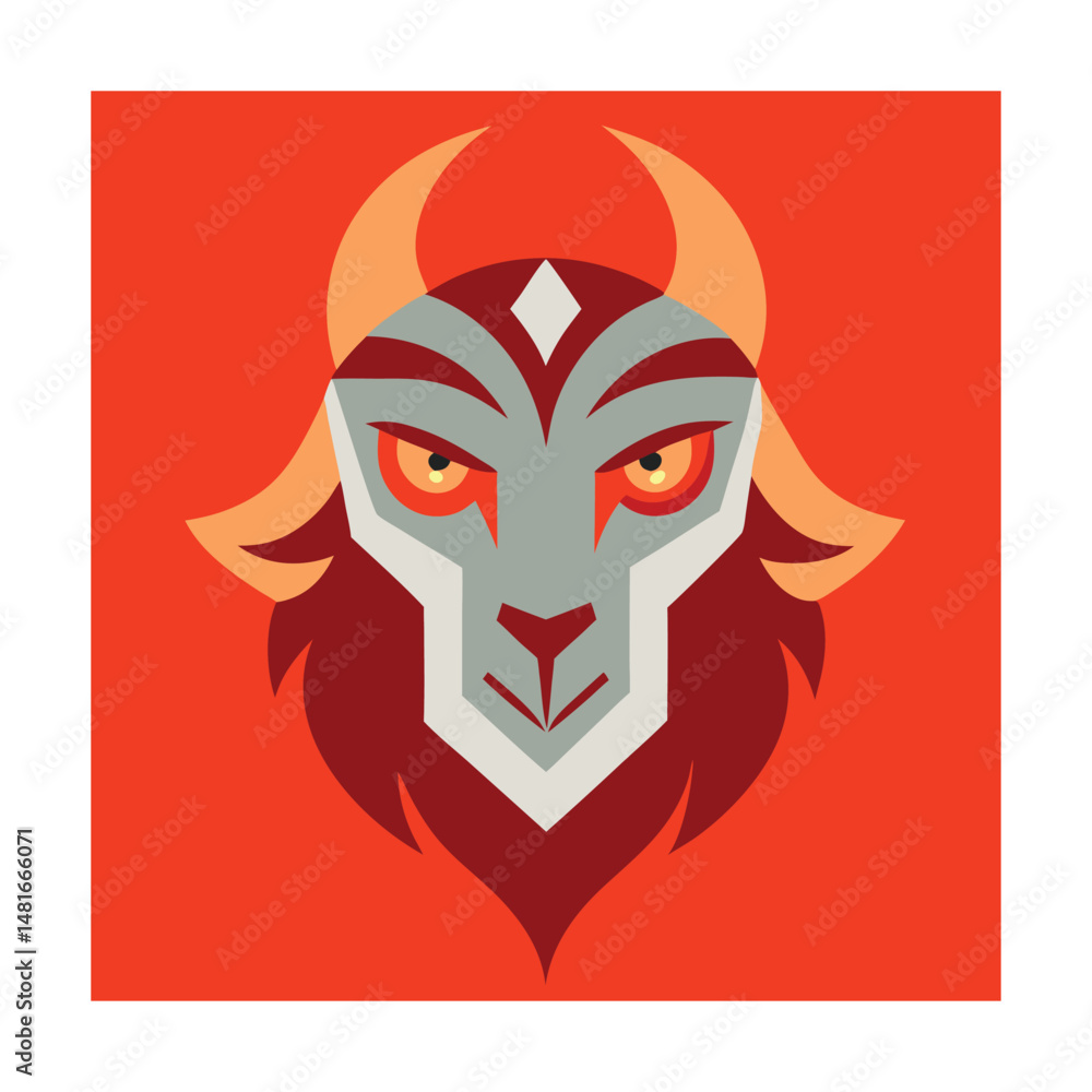 Geometric illustration of a stylized mythical creature face with horns and fiery eyes Geometric illustration of a stylized mythical creature face with horns and fiery eyes