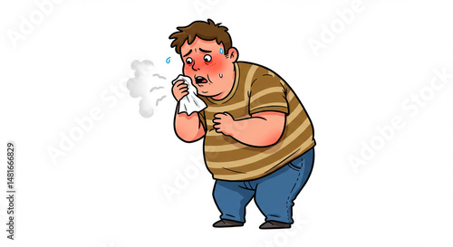 Overweight boy sneezing while holding a tissue and feeling unwell  