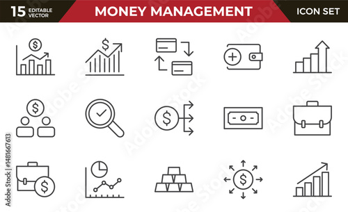 Money management outline icon set. money management, wallet, banking, ATM, piggy bank, investment profit, finance growth chart, money increase, finance icon collections. vector illustration.