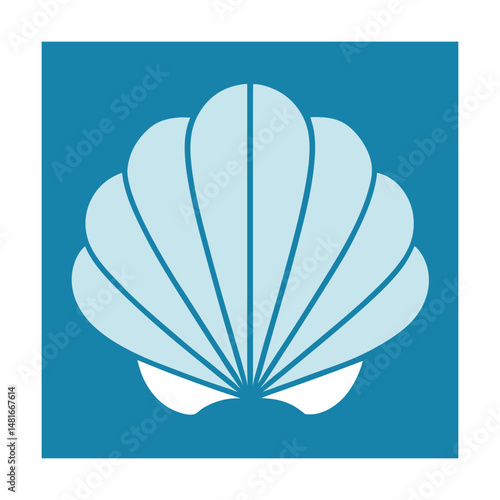 Simplified seashell illustration in a blue square depicting beach and aquatic concepts