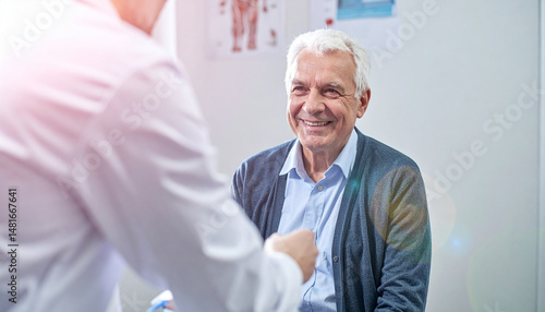 happy elderly man smiling in diagnosis room while talking to doctor, AI Generated