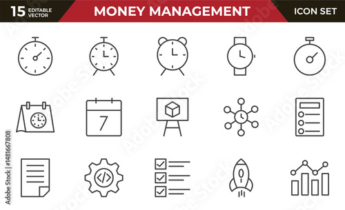 Time management icon set. Timer, alarm, schedule, hourglass, clock icons. Outline time and clock icon collection.