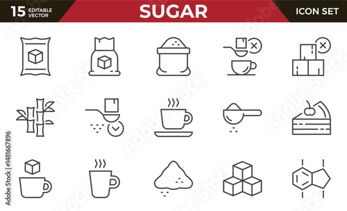 Sugar line icons set. Granulated, lump sugar, cube, refined sugar, sweetener, portioned cane sugar, fructose, saccharide and more. Outline icon collection. Pictograms.