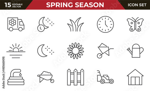 Spring season Equipment Icon set. Thin line icons set. Flatiron collection set. Outline planting flowers and seeds, watering can and fertilizers. Spring, agriculture and gardening concept.