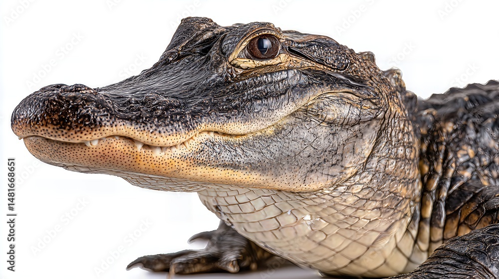 Obraz premium Close-up of an alligator head showing detailed scales and eye sharp focus on a white background, side angle