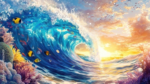 Colorful ocean wave crashing over coral reef.