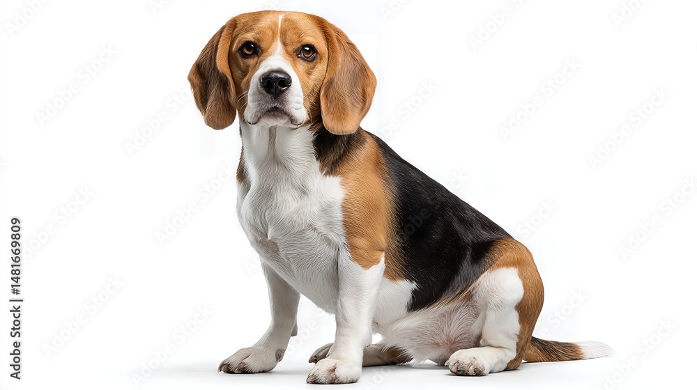 A cute beagle dog sitting attentively against a white background, front angle A cute beagle dog sitting attentively against a white background, front angle