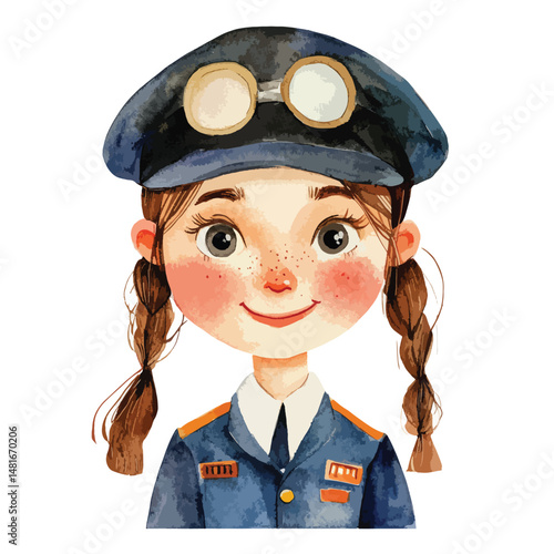 watercolor illustration of girl Train Operator clipart isolated
