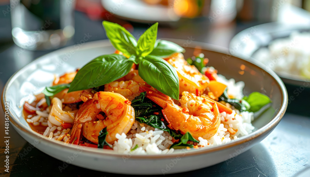 Delicious Thai spicy basil stir fry with vibrant shrimp and squid served over rice, garnished with fresh basil leaves Delicious Thai spicy basil stir fry with vibrant shrimp and squid served over rice, garnished with fresh basil leaves