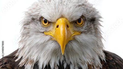 Close-up portrait of a fierce bald eagle with piercing yellow eyes and a sharp yellow beak on a white background, front view