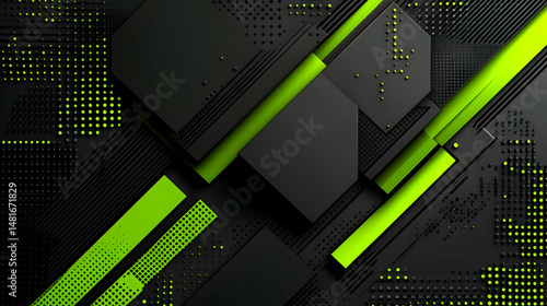 Abstract geometric composition of overlapping black squares and bright lime green lines on a dark background with dotted textures