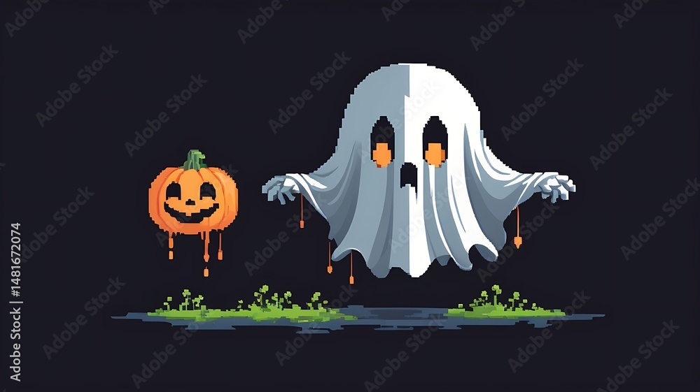Obraz premium 8-bit ghost with sheet and spooky face, floating animation sprite