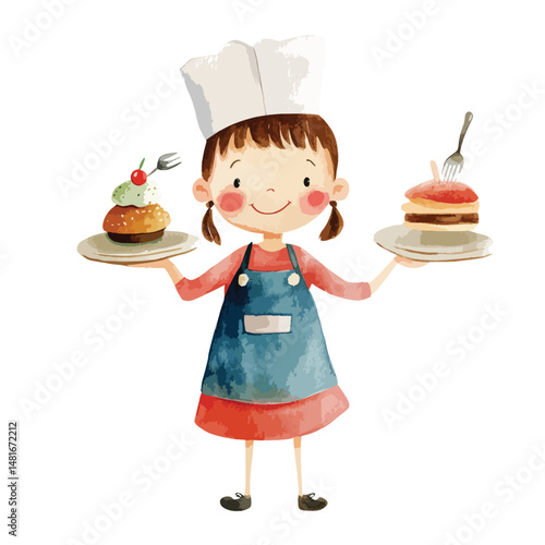 watercolor illustration of girl Waitress clipart isolated