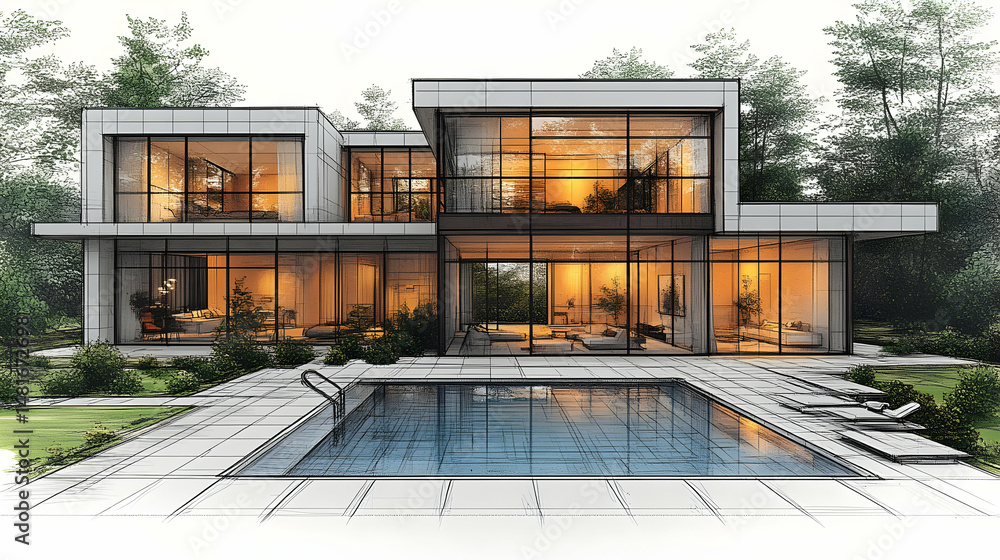 Luxurious modern home design with expansive glass walls, an inviting pool, and lush landscaping Luxurious modern home design with expansive glass walls, an inviting pool, and lush landscaping