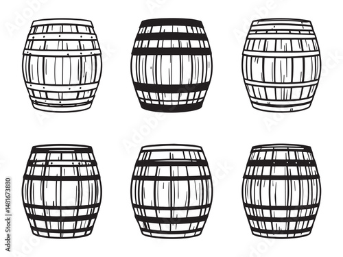Wooden barrel detailed line art set