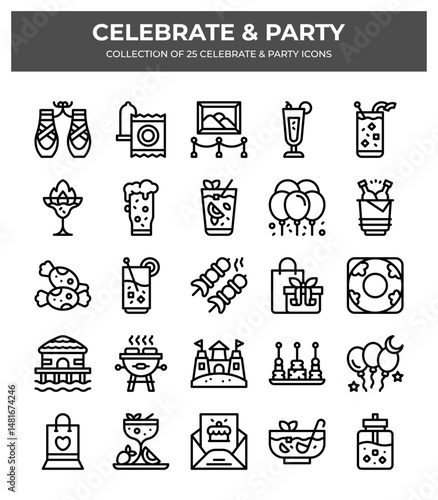 25 Celebrate & Party Icons. Vector Line Art Graphics for Event Invitations