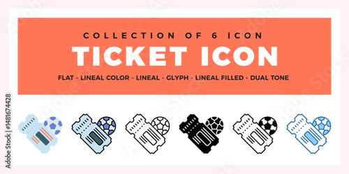 Collection of 6 Soccer Ticket Icons. Flat. Lineal. Glyph Styles