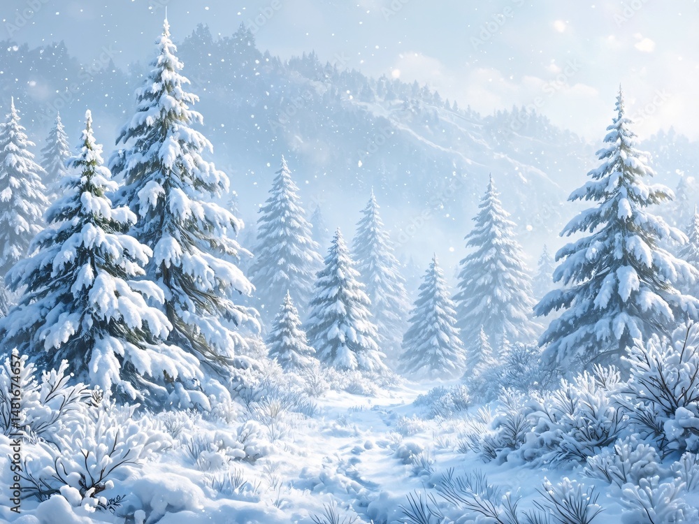 Fototapeta premium Winter snow scene, white forest serene.