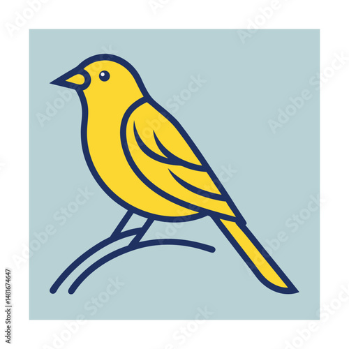Illustration of a yellow canary bird perching on a branch in a minimalistic design style