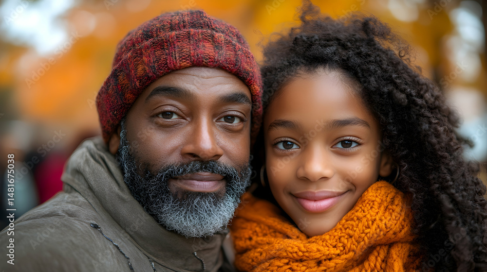 A close-up portrait of a father and daughter, bundled in warm clothing, smiles gently at the camera during autumn A close-up portrait of a father and daughter, bundled in warm clothing, smiles gently at the camera during autumn