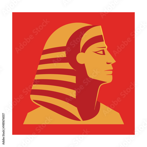 Illustration of a pharaoh's head profile in a retro color palette on a red background
