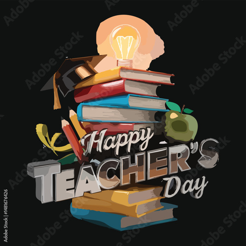 A vibrant and heartwarming Happy Teacher's Day logo design featuring elegant typography with books, a graduation cap, and a heart symbol. The design celebrates the contribution of teachers with a chee