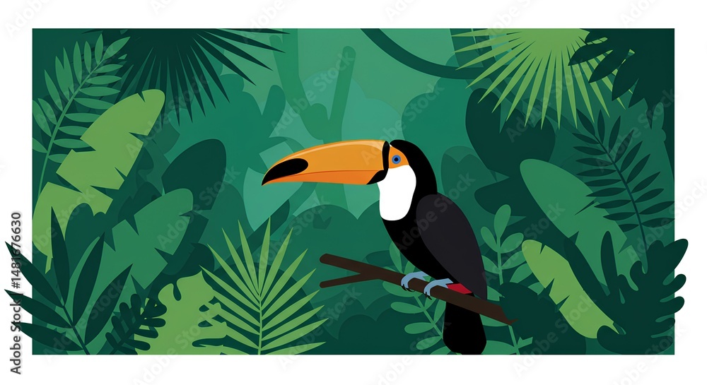 Obraz premium Vibrant Toucan Bird Resting on Branch Amid Lush Tropical Rainforest Foliage Green Leaves Jungle Paradise Wildlife Nature