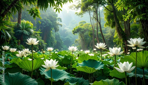 Fototapeta Naklejka Na Ścianę i Meble -  Serene white lotus flowers bloom in a lush green tropical forest pond nature scene capturing tranquil beauty and vibrant foliage