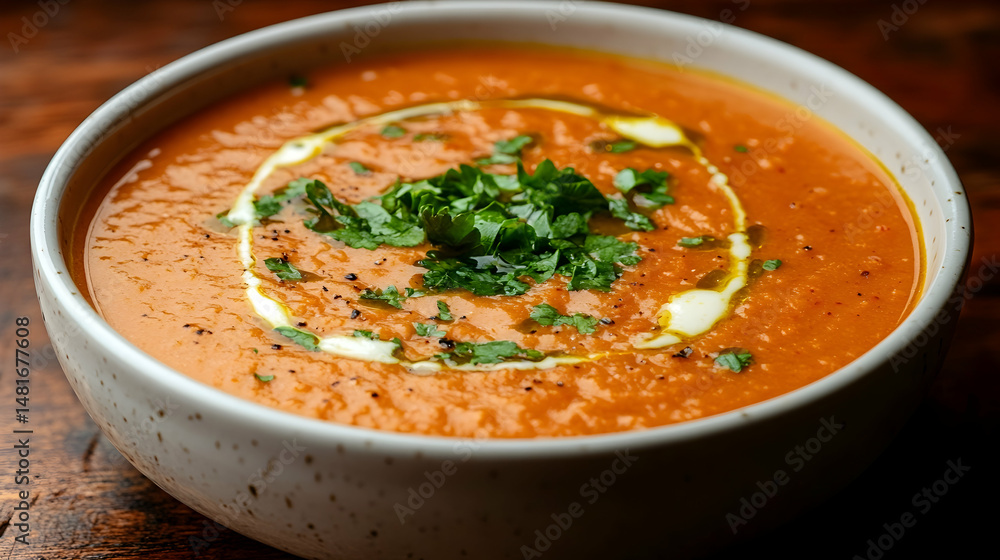 Creamy, vibrant orange soup garnished with fresh herbs and a swirl of oil in a speckled bowl Creamy, vibrant orange soup garnished with fresh herbs and a swirl of oil in a speckled bowl