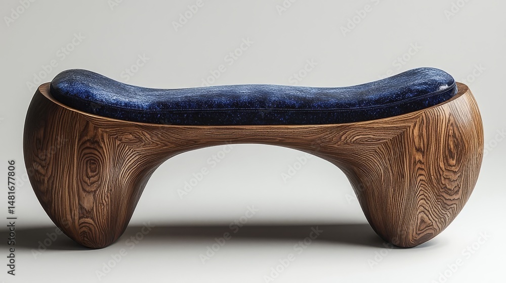 Sleek wooden bench with a curved design and plush blue cushion, showcasing modern craftsmanship and elegance for contemporary interiors. Sleek wooden bench with a curved design and plush blue cushion, showcasing modern craftsmanship and elegance for contemporary interiors.