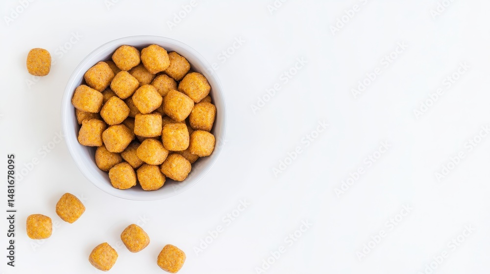 An overhead shot shows a white bowl filled with bite-sized golden brown cube-shaped snacks scattered around it on a clean, bright white surface, minimalist and simple. An overhead shot shows a white bowl filled with bite-sized golden brown cube-shaped snacks scattered around it on a clean, bright white surface, minimalist and simple.