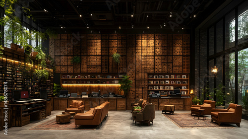 Luxurious retail space with wooden wall accents, leather seating, and lush greenery