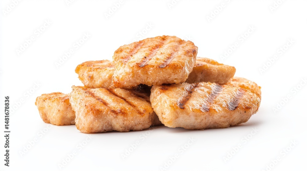 A small pile of freshly grilled mini chicken patties with visible grill marks rests on a bright white surface, perfect for burgers or a healthy lunch option. A small pile of freshly grilled mini chicken patties with visible grill marks rests on a bright white surface, perfect for burgers or a healthy lunch option.