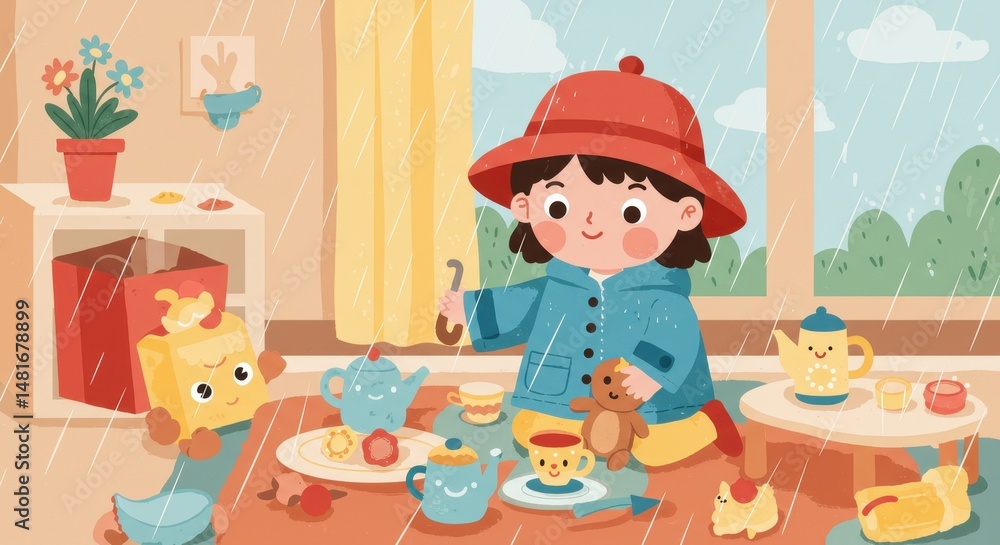 Obraz premium Rainy Day Tea Party: A Child's Cozy Indoor Playtime