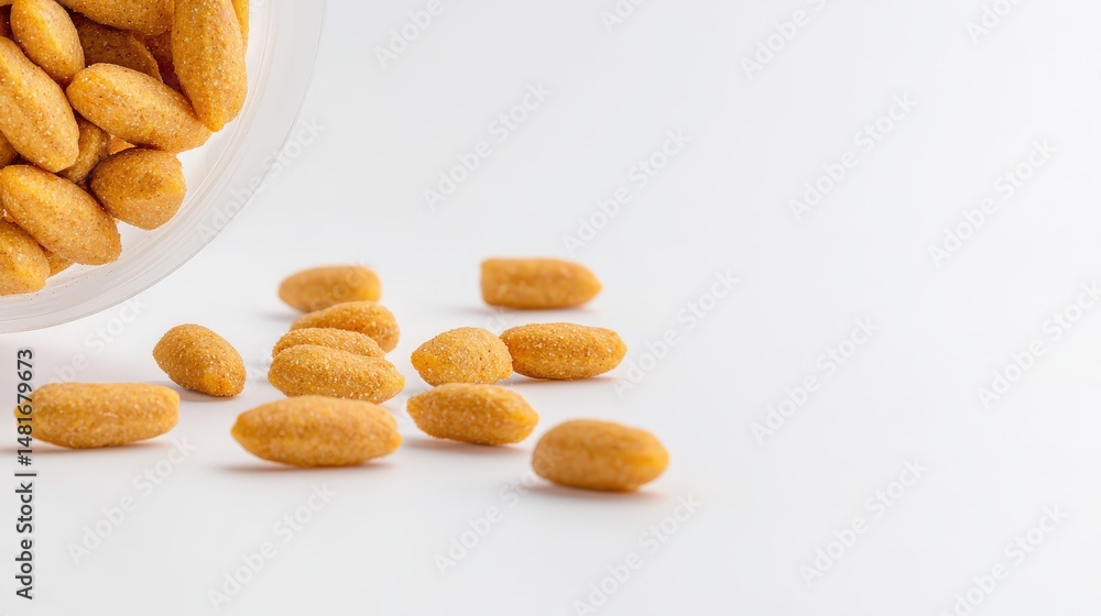 Obraz premium Close up captures crunchy peanuts with a savory coating spilling from a container on a clean white surface, perfect for snacking and adding texture and flavor.