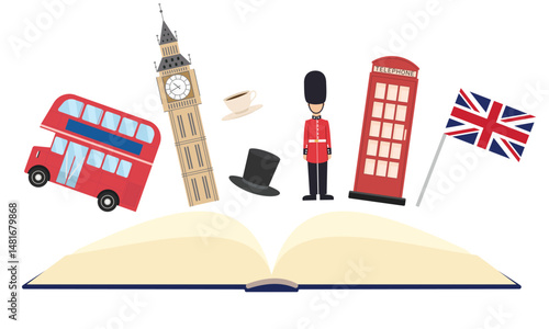 Concept of Study English Elements. Bus Double Decker, Telephone Box, Flag, Big Ben, Royal Guard, Cup of Tea. Hand Drawn Vector Art. 