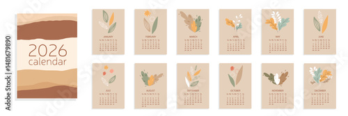Abstract Floral Calendar 2026 Year. Calendar 2026 Year A4 Week Start from Sunday. Hand Drawn Vector Art.
