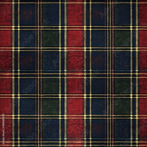 Classic tartan fabric with red, green, and navy blue patterns