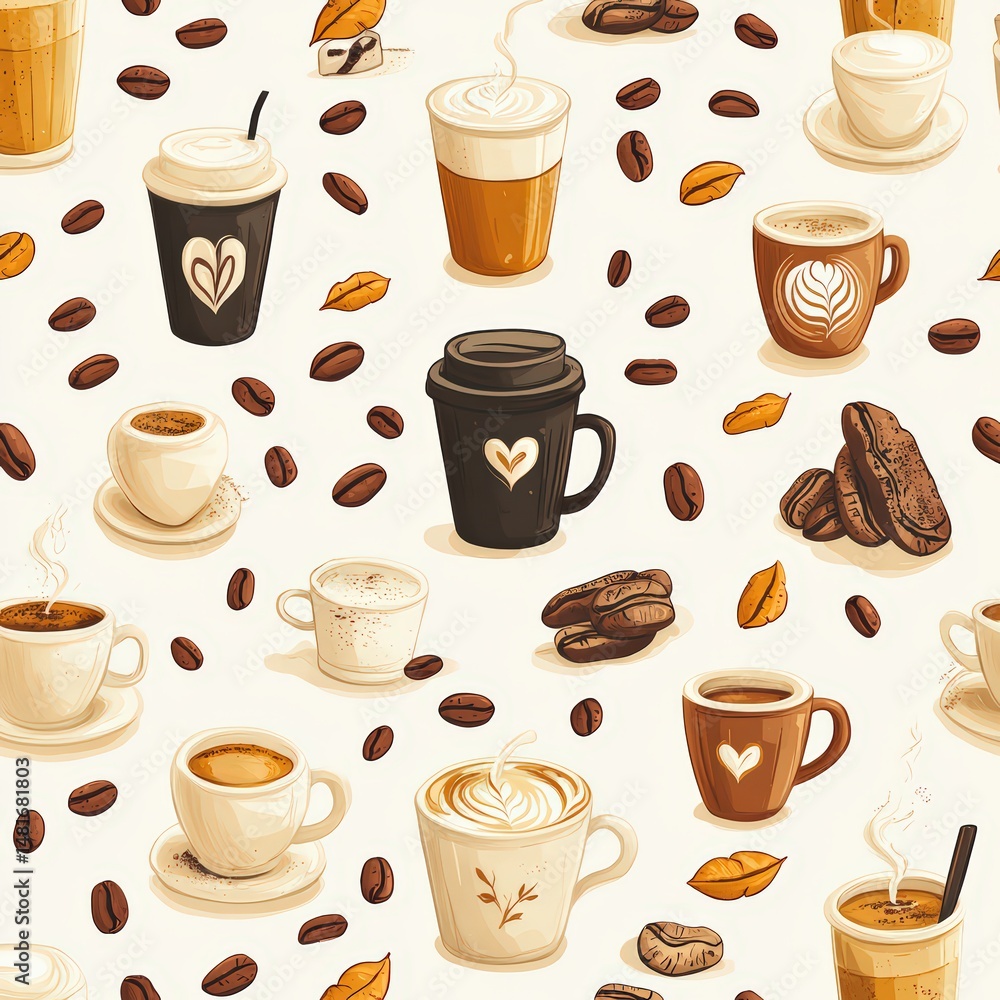 Obraz premium Coffee Themed Pattern with Various Cups and Coffee Beans Design