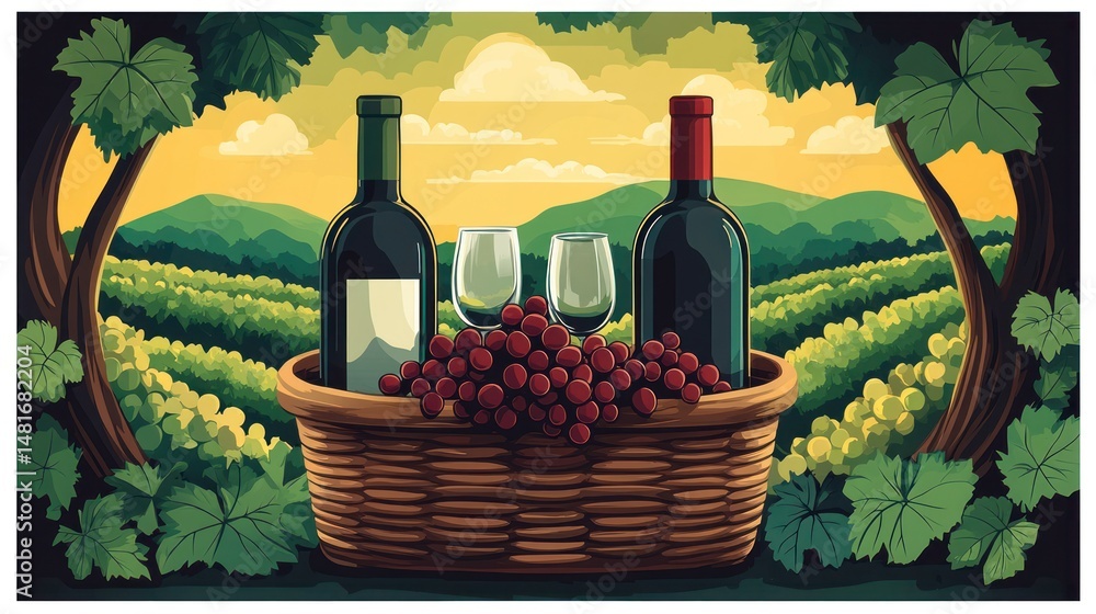 Fototapeta premium Wine basket with grapes, bottles, and glasses in vineyard setting