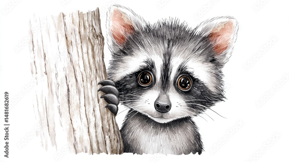 Adorable Baby Raccoon Hiding Behind Tree - A cute baby raccoon peeks from behind a tree trunk, showcasing its big, expressive eyes. Perfect for children's books, nature-themed projects, and more Adorable Baby Raccoon Hiding Behind Tree - A cute baby raccoon peeks from behind a tree trunk, showcasing its big, expressive eyes. Perfect for children's books, nature-themed projects, and more