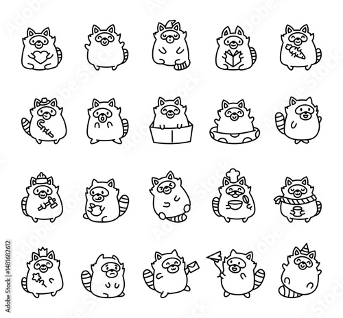 Cute raccoon character set showing emotions and activities like smiling, reading, eating, relaxing, celebrating, greeting and swimming in charming poses for yours creative projects